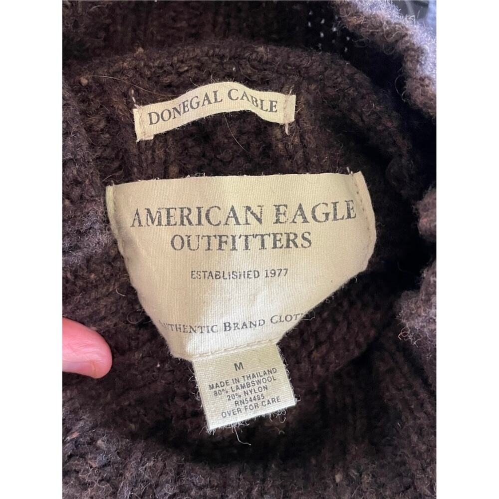 Vintage American Eagle Espresso Brown Lambswool Donegal Cable Fisherman Sweater - Picture 7 of 10